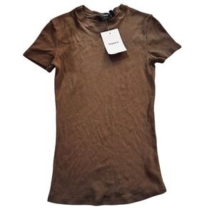 Theory Tiny Tee 2 Mink Brown Compact Rib Mock Neck Short Sleeve Top Size S NWT